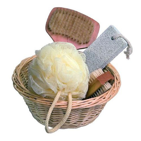 Badebürste, Bimstein, Nagelbürste, Badeblume im Körbchen