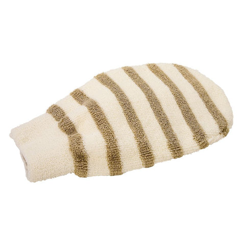 Ein Handschuh für die Körperpflege aus braun-weiß gestreifter Baumwolle.