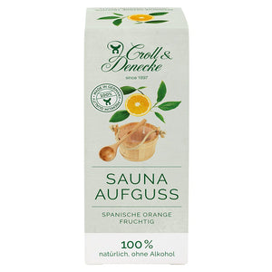 Eine Umverpackung aus wiederverwendbarer Pappe mit einer Flasche aromatischer Saunaaufguss in der Duftrichtung „Spanische Orange“.