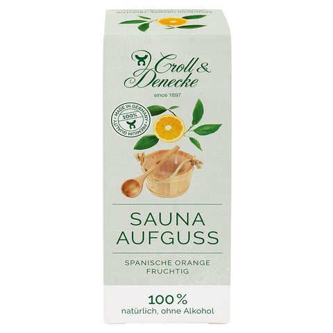 Eine Umverpackung aus wiederverwendbarer Pappe mit einer Flasche aromatischer Saunaaufguss in der Duftrichtung „Spanische Orange“.