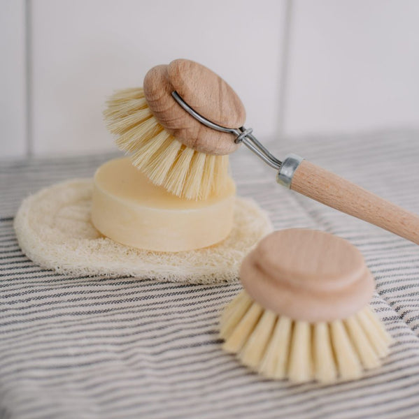 Eine Seifenablage aus gepresster Luffagurke mit einem Stück Naturseife, einer Holzbürste mit hellen Borsten und einem Ersatzbürstenkopf.