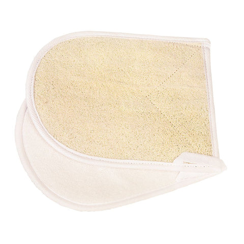 Ein zweiseitiger Handschuh mit einer groben Seite aus Luffafasern und einer weichen aus Frottee, versehen mit einer Schlaufe zum Aufhängen.