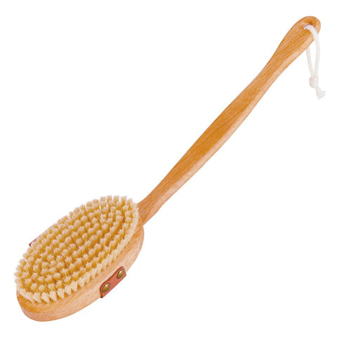 Eine Bürste aus Buchenholz mit hellen Borsten, Handschlaufe, Kordel und einem langen Griff.