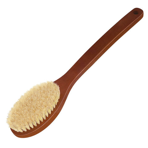Eine Badebürste mit ovalem Kopf aus Naturborsten und einem langen Stiel aus gebeiztem Holz.